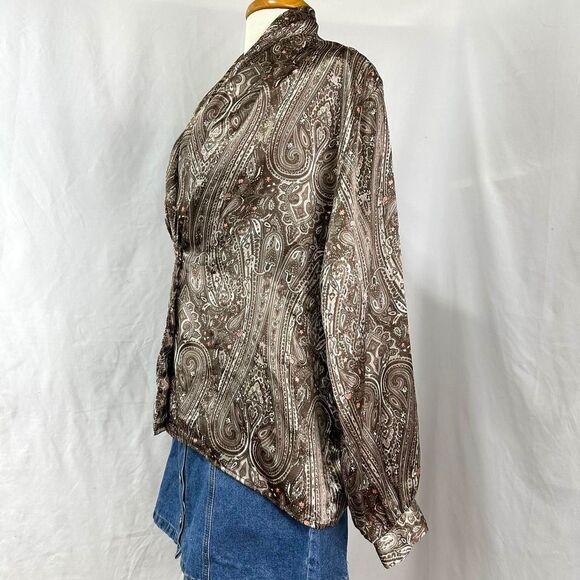 VTG 80s CASUAL CORNER Brown Pink‎ Satin Paisley Blouse Shawl Collar Womens 12 - Picture 3 of 5